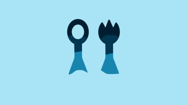 Blue Baby plastic cutlery with fork and spoon icon isolated on blue background. Cutlery for kid. Childrens dining items. 4K Video motion graphic animation. - Video