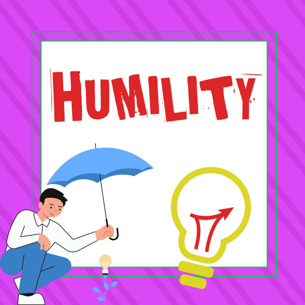 Sinal de texto mostrando humildade, conceito de negócio sendo humilde é uma virtude para não se sentir excessivamente superior - Foto, Imagem