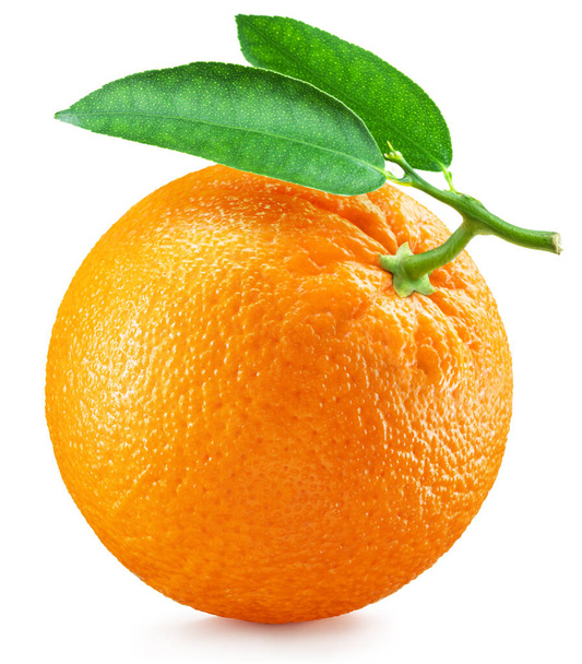 白い背景に葉が付いている完璧な熟したオレンジ。ファイルにクリッピングパスが含まれています. - 写真・画像
