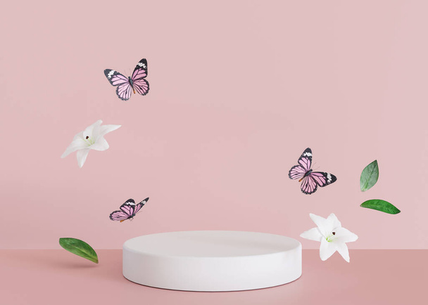 White podium with flying flowers and butterflies. Womans Day, Mothers Day. Platform, stage for beauty, cosmetic products presentation. Mock up. Display, showcase. 3D rendering - Fotografie, Obrázek