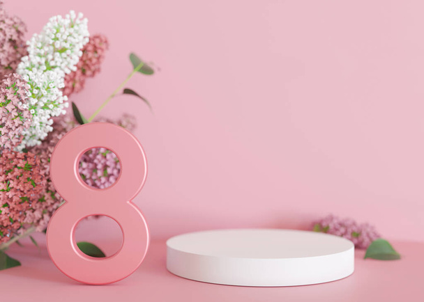 White podium with flowers on pink background. Womans Day. Platform, stage for beauty, cosmetic products presentation. Mock up. Display, showcase. 3D rendering - Fotografie, Obrázek