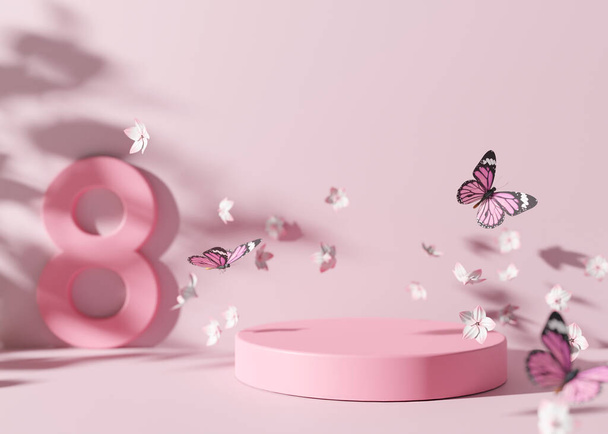 Pink podium with flying flowers and butterflies. Womans Day. Platform, stage for beauty, cosmetic products presentation. Mock up. Display, showcase. 3D rendering - Fotografie, Obrázek