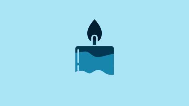 Blue Burning candle in candlestick icon isolated on blue background. Cylindrical candle stick with burning flame. 4K Video motion graphic animation. - Video
