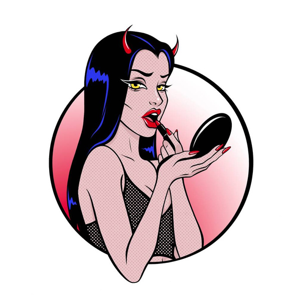 Beautiful girl demon succubus in vitage pin up style hand drawn illustration - Fotó, kép