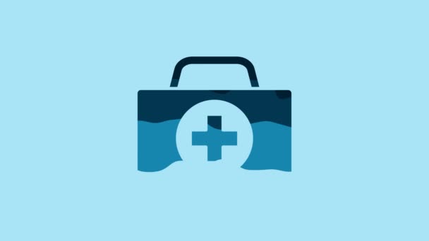 Blue First aid kit icon isolated on blue background. Medical box with cross. Medical equipment for emergency. Healthcare concept. 4K Video motion graphic animation. - Πλάνα, βίντεο