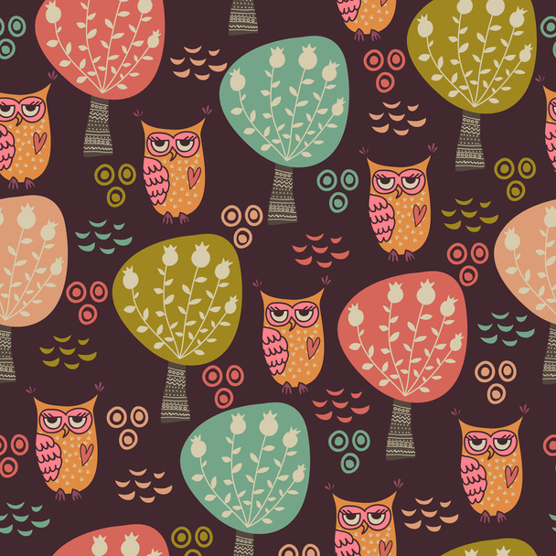 pattern with forest owls - Vector, Image