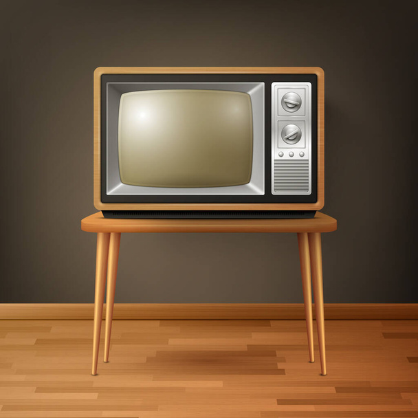 Vector 3d Realistic Brown Wooden Retro TV Receiver on Wooden Table. Home Interior Design Concept. Vintage TV Set, Television, Front View. - Вектор, зображення