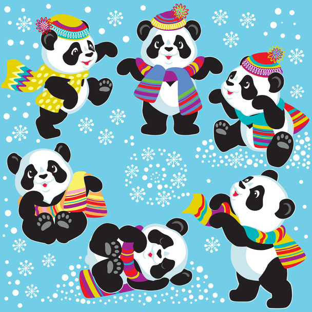 Rajzfilm panda téli szett - Vektor, kép