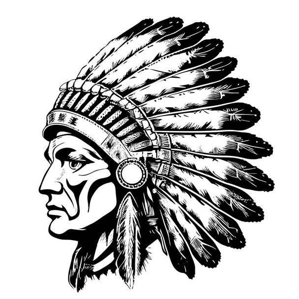 Indian chief face in feathers hand drawn sketch in doodle style Vector illustration - Vector, Image