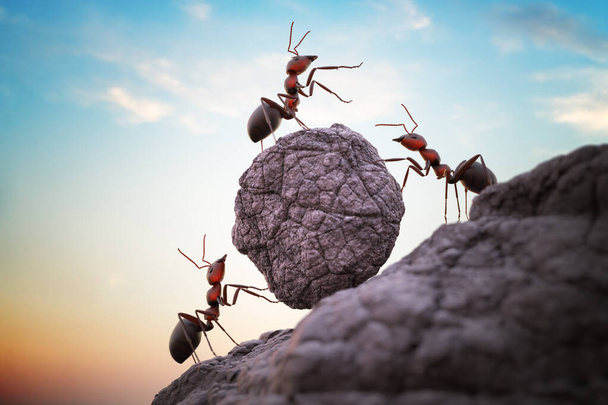 Le formiche spingono massi pesanti sulla collina. Concetto di lavoro di squadra. Illustrazione resa 3D. - Foto, immagini