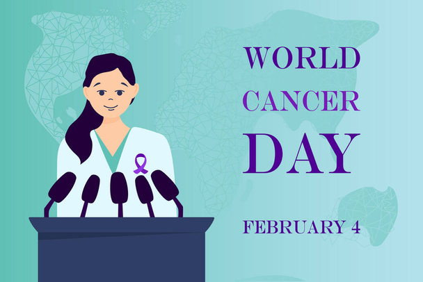 World Cancer Day poster or banner template with purple ribbon symbol and doctor in medical gown, doctor speech, presentation, talk about cancer - Vektori, kuva