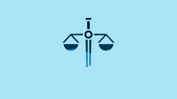 Blue Scales of justice icon isolated on blue background. Court of law symbol. Balance scale sign. 4K Video motion graphic animation. - Video, Çekim