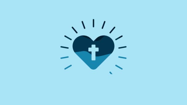 Blue Christian cross and heart icon isolated on blue background. Happy Easter. 4K Video motion graphic animation. - Video