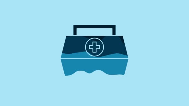 Blue First aid kit icon isolated on blue background. Medical box with cross. Medical equipment for emergency. Healthcare concept. 4K Video motion graphic animation. - Video