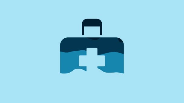 Blue First aid kit icon isolated on blue background. Medical box with cross. Medical equipment for emergency. Healthcare concept. 4K Video motion graphic animation. - Séquence, vidéo