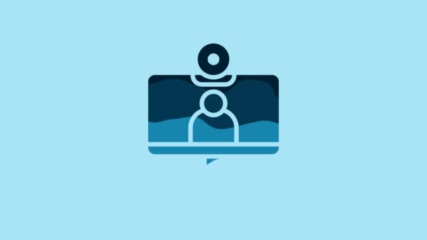 Blue Video chat conference icon isolated on blue background. Computer with video chat interface active session on screen. 4K Video motion graphic animation. - Кадры, видео