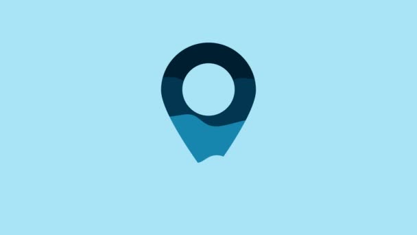 Blue Map pin icon isolated on blue background. Navigation, pointer, location, map, gps, direction, place, compass, search concept. 4K Video motion graphic animation. - Metraje, vídeo