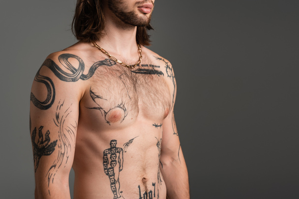 Cropped view of bearded and tattooed man on torso isolated on grey  - Фото, изображение
