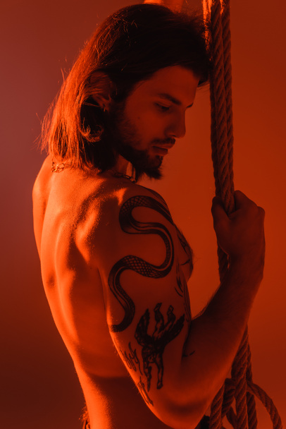 Sexy tattooed model holding rope isolated on red  - Φωτογραφία, εικόνα