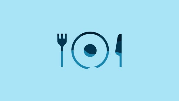 Blue Plate, fork and knife icon isolated on blue background. Cutlery symbol. Restaurant sign. 4K Video motion graphic animation. - Video, Çekim