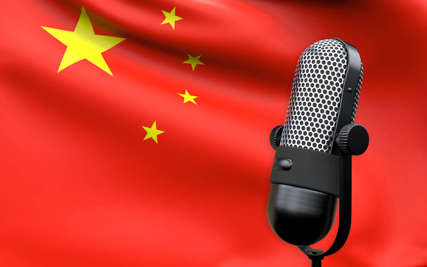 China national flag with microphone composition of voice of truth debate information radio broadcast translation radio podcast freedom of speech concept 3d rendering image - Φωτογραφία, εικόνα
