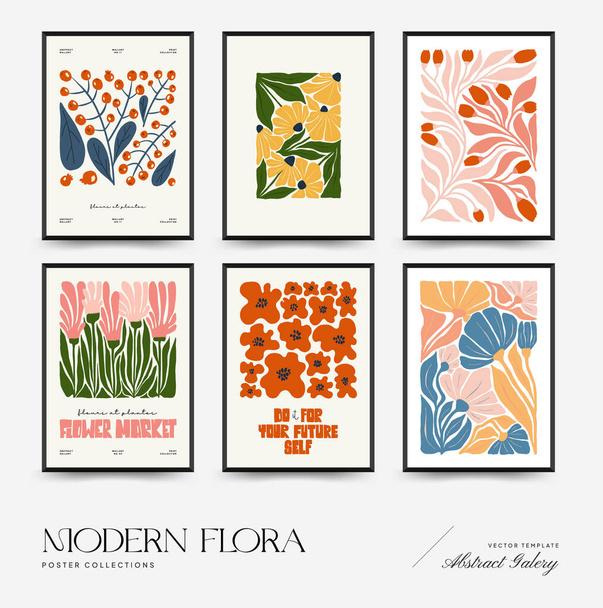 Soyut çiçek posterleri şablonu. Modern trend Matisse minimal tarzı. Pembe ve mavi renkler. Duvar kağıdı, duvar dekoru, baskı, kartpostal, kapak, şablon, pankart için el çizimi tasarımı.  - Vektör, Görsel