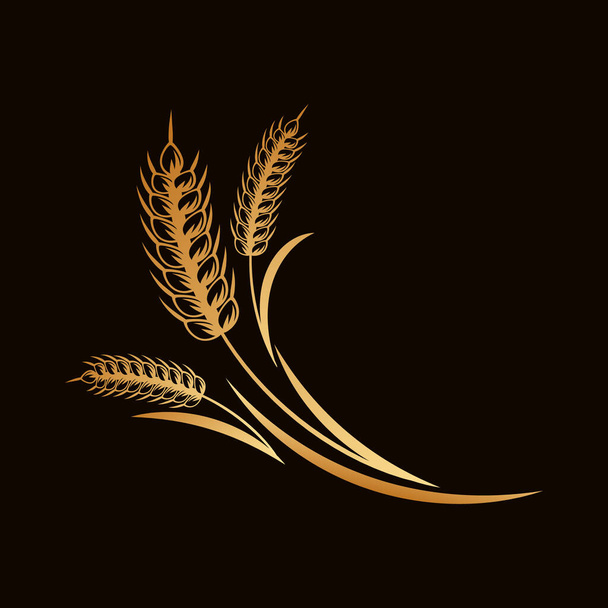 Spikelets of wheat, rye, barley. Golden badge on black background, elegant design, vector - Вектор,изображение