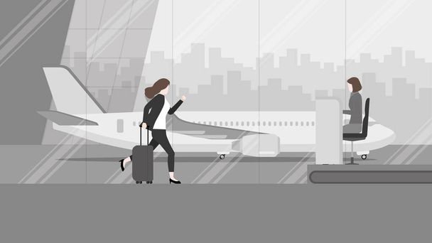 Business trip, a businesswoman runs to ground service officer counter check-in at an international airport terminal. Rush hour, Urgent time, Busy work, Lately arrive passenger, City lifestyle concept. - Vector, imagen