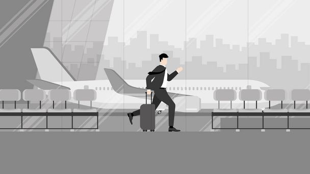 Business trip, a businessman runs to a flight at an international airport terminal. Rush hour, Urgent time, Busy worker, Hectic life, Lately arrive passenger, Daily haste, City lifestyle concept. - Vecteur, image