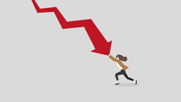 A businesswoman pushes decrease business chart diagram. A minimal style of a red down graph of the financial crisis, economic downturn, inflation, recession, failure, bankruptcy, and crisis concept. - Vektori, kuva