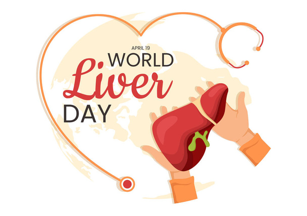 World Liver day on April 19th Illustration to Raise Global Awareness of Hepatitis in Flat Cartoon Hand Drawn for Web Banner or Landing Page Templates - Vetor, Imagem