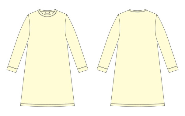 ナイトドレスの技術的なスケッチ。子供のための綿の化学。黄色だ。ナイトガウンベクトルイラスト。前後の景色。包装、ファッションカタログのためのデザイン - ベクター画像