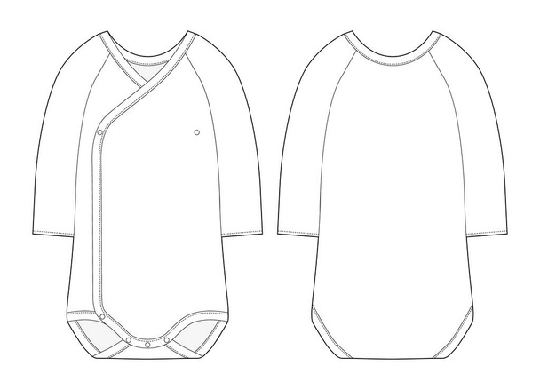 Onesie with a crossover neckline and long sleeves. Baby body wear mock up. Infant romper technical sketch. Children bodysuit. Underwear outline CAD design. Front and back. Vector illustration - Vector, Image