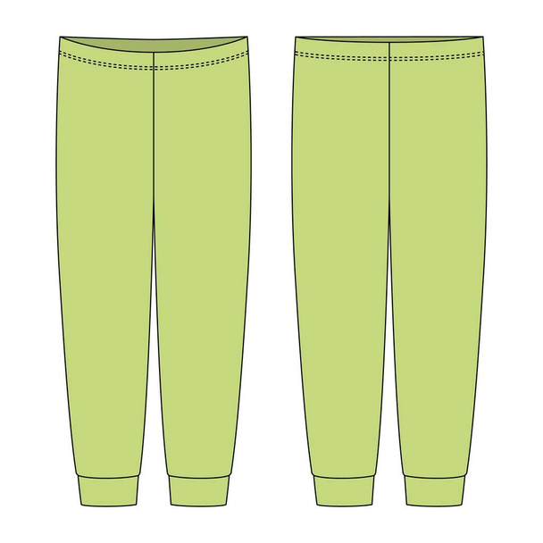 Children's pants technical sketch. Light green color. Kids home wear trousers design template isolated. Front and back view. CAD fashion vector illustration - Vector, imagen