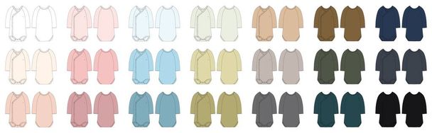 Set of onesie with a crossover neckline and long sleeves. Baby colored body wear mock up. Infant technical sketch collection. Children bodysuit bundle. Underwear outline CAD design. Front and back. - Vettoriali, immagini
