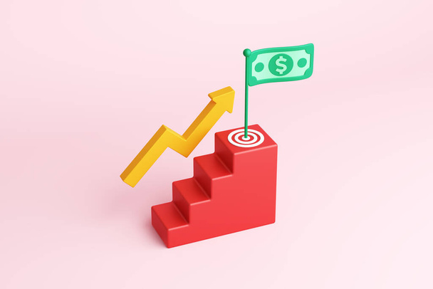 3D object stair, indicator graph arrow, archery target with banknote symbol flag dollar. Business finance and profit investment successful goal win marketing strategy. clipping path. 3D Illustration. - Foto, Imagem