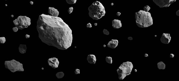 Абстрактний відображає метеоритний камінь, кам'яний астероїд, що плаває зовнішньою космічною галактикою, планета темно-чорно-біла астрономічного всесвіту космосу або міжзоряної. відсічний контур. Шпалери веб банер. 3D ілюстрації
. - Фото, зображення