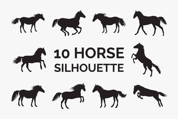 Horse silhouette design on a white background. Realistic horse silhouette vector collection for personal use. Dark knights in different position designs. Horse running, jumping, and standing vectors. - Vektor, obrázek