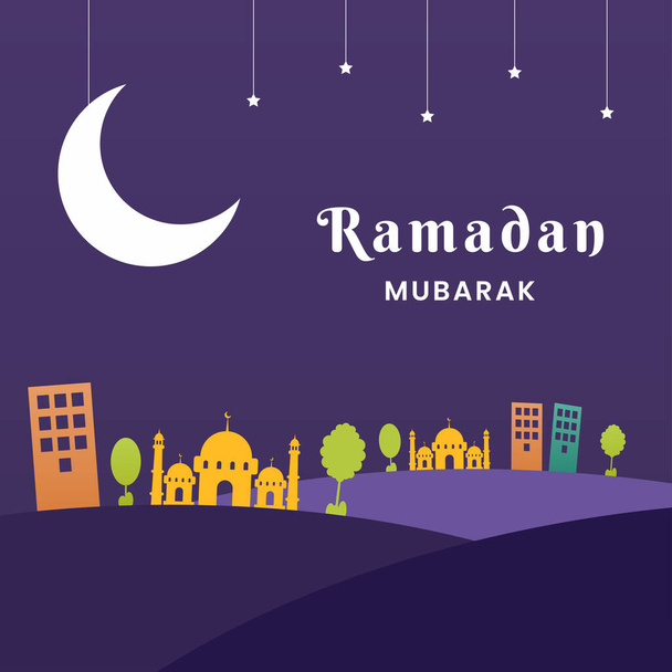 Ramadan Mubarak Banner Template. Flat illustration at night with moon, stars, mosque, buildings and trees. Vector Illustration. - Wektor, obraz