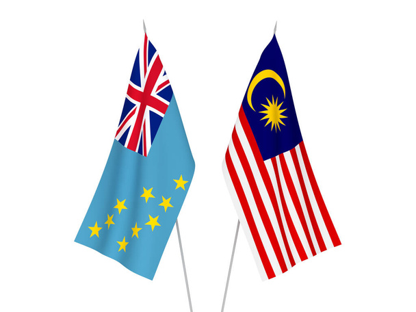 National fabric flags of Malaysia and Tuvalu isolated on white background. 3d rendering illustration. - Φωτογραφία, εικόνα