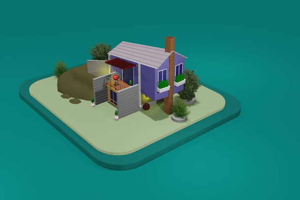 3D rendering. 3d rendering of a beautiful cottage with trees and bushes - Photo, Image