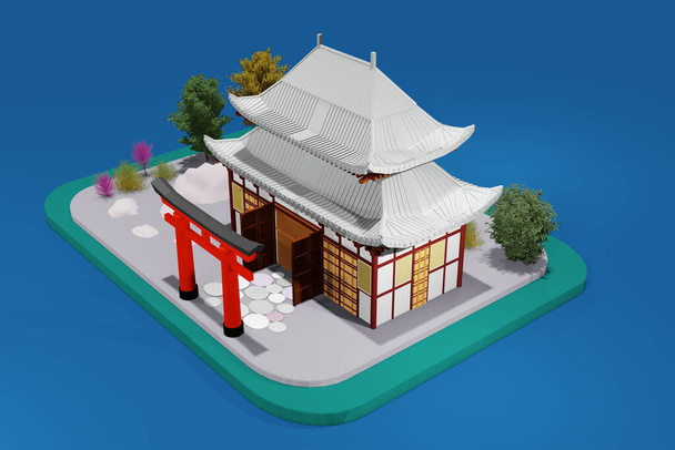 3D rendering. 3D rendering of a Japanese temple and a Japanese tori gate. - Foto, Bild