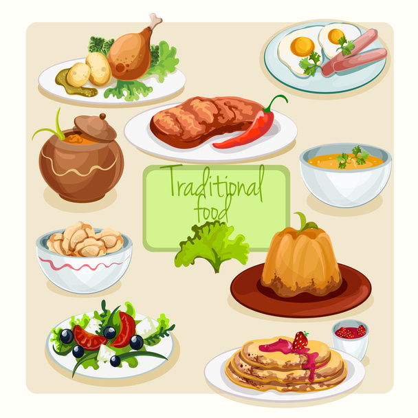 Traditional Food Dishes Set - Vector, Image