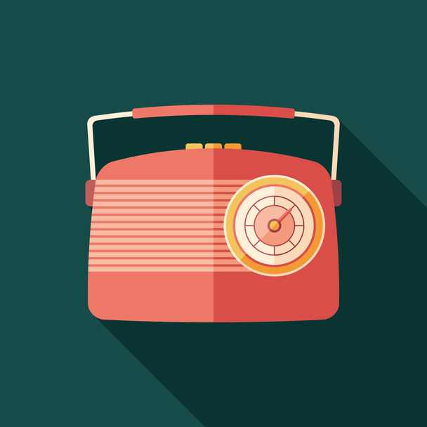 Red vintage radio flat square icon with long shadows. - Vektör, Görsel