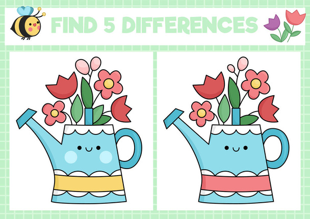 Garden kawaii find differences game for children. Attention skills activity with cute watering can and flowers. Spring holiday puzzle for kids. Printable what is different workshee - Vector, afbeelding