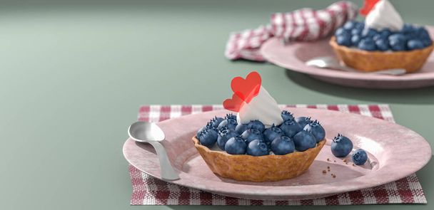 3D illustration of sweet tart shells with blueberries, cream, on rose plate on napkin, on light-marine color table, copy-space, macro - Foto, afbeelding