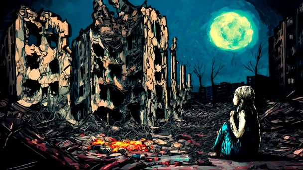 Війна в Україні, зруйноване місто, самотня дівчина під місяцем.. - Фото, зображення