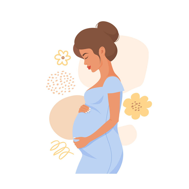 Beautiful pregnant woman hugs her belly. Concept of pregnancy and motherhood - Vector, Imagen