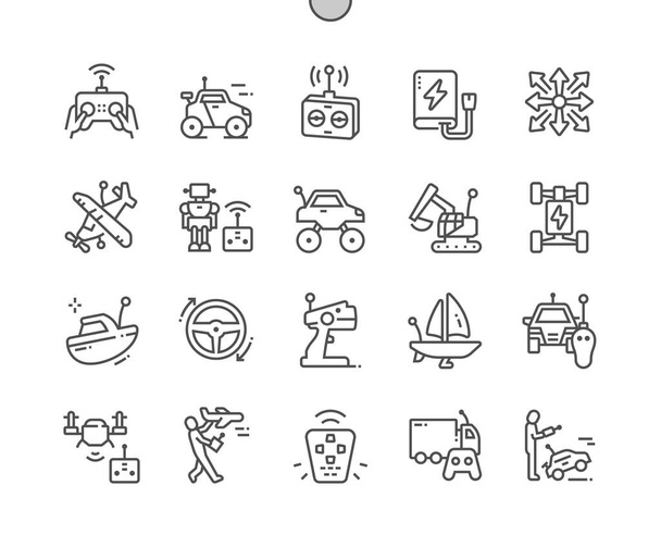 Rc toys. Remote control car. Transmitter. Rc drone. Pixel Perfect Vector Thin Line Icons. Simple Minimal Pictogram - Vector, imagen