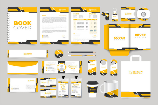 Modern business advertising ID cards, phone cases, and email signature vectors with yellow and dark colors. Corporate identity office stationery design. Company promotion template set for marketing. - Vecteur, image